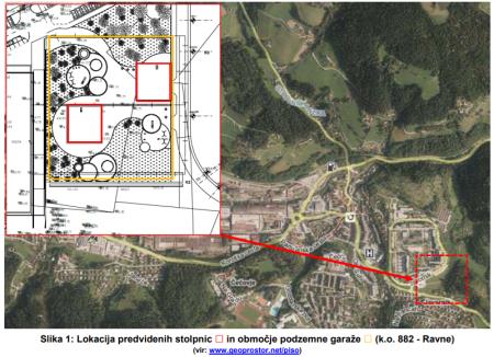 lokacija stolpnic rdeče in območje garaže rumena oznaka Promaro doo
